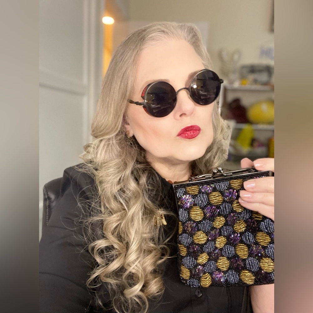 Vintage Purple & Gold Beaded Kisslock Bag With Gunmetal Snake Chain Strap